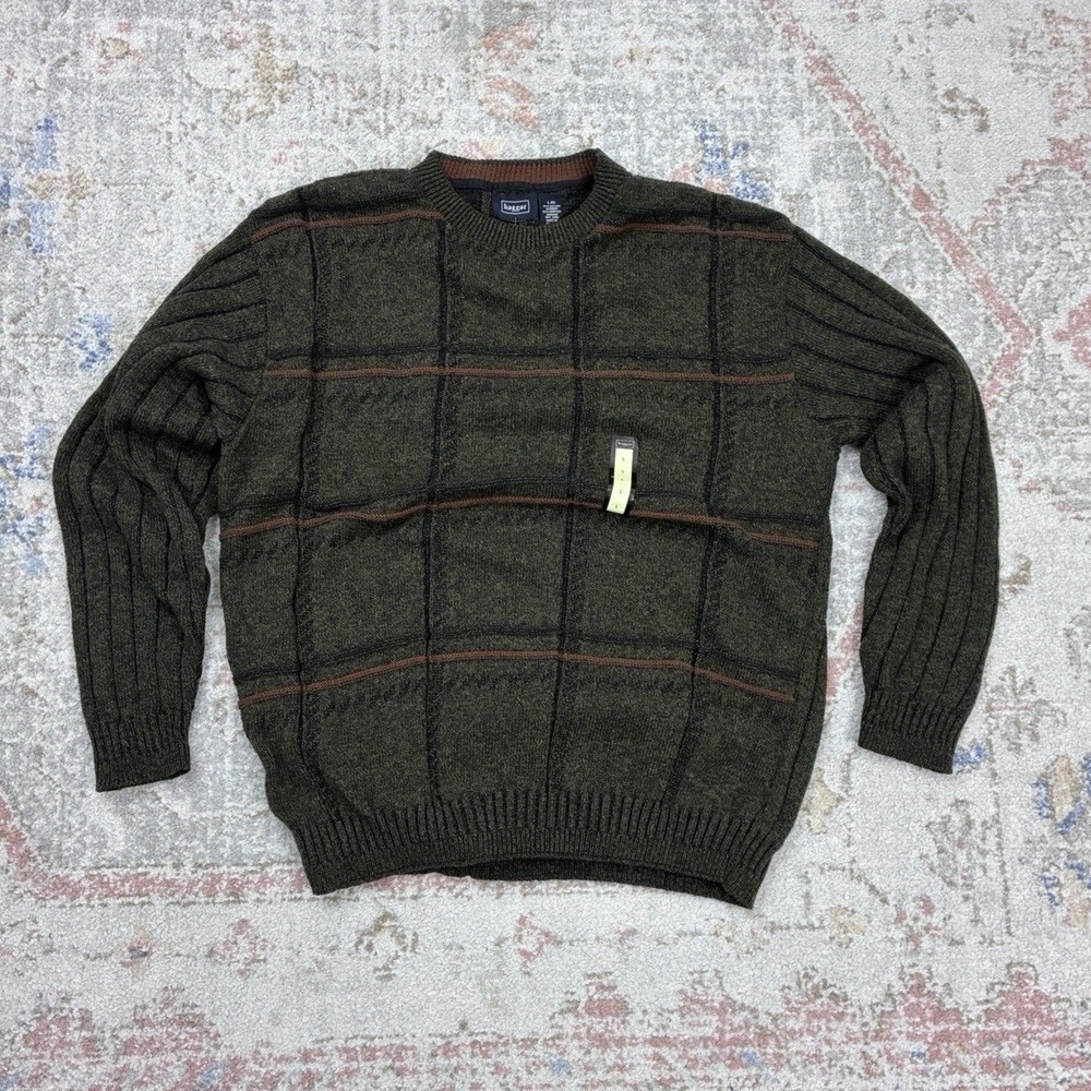 Haggar Vintage Mens L Plaid Windowpane Grid Crewneck Sweater Textured Knit Olive
